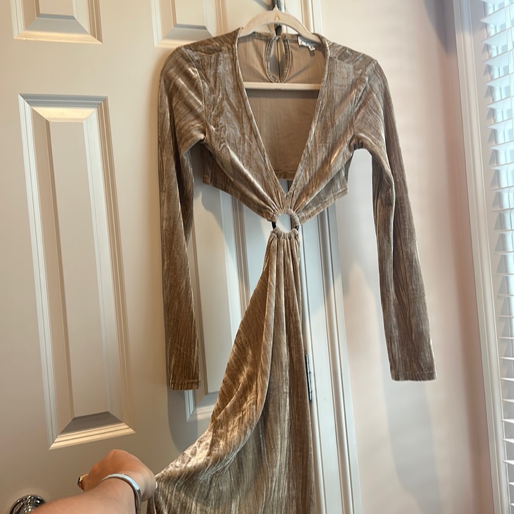 Juniper blue: tan long dress, size Small